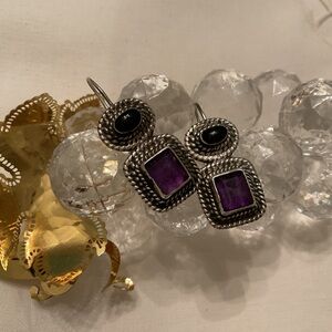 VINTAGE 925 SOLID STERLING SILVER AMETHYST & ONYX FRENCH WIRE EARRINGS